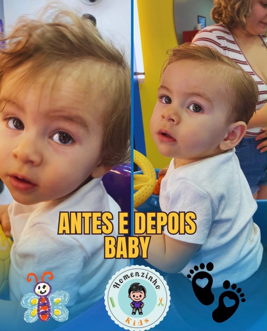Antes e depois do corte de cabelo de um bebê
