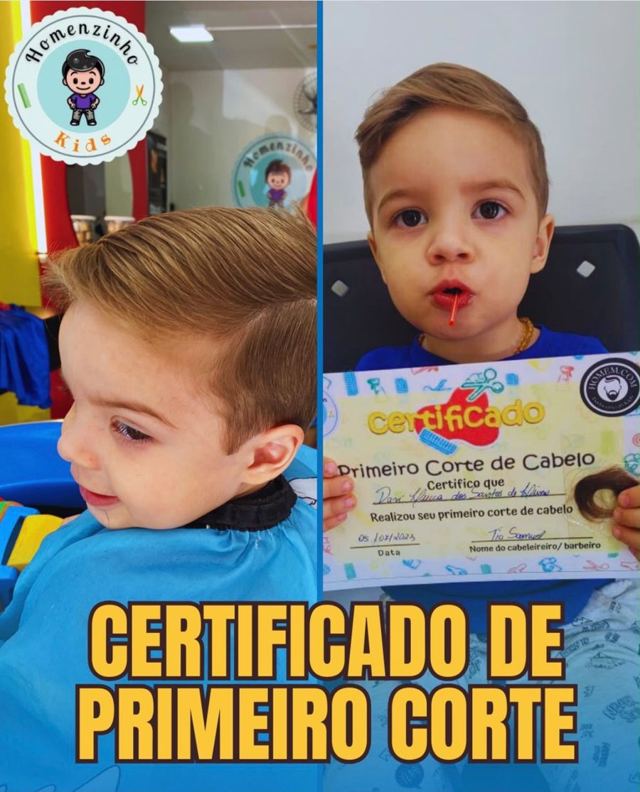Criança com o Certificado de Primeiro Corte de Cabelo da Homem.com